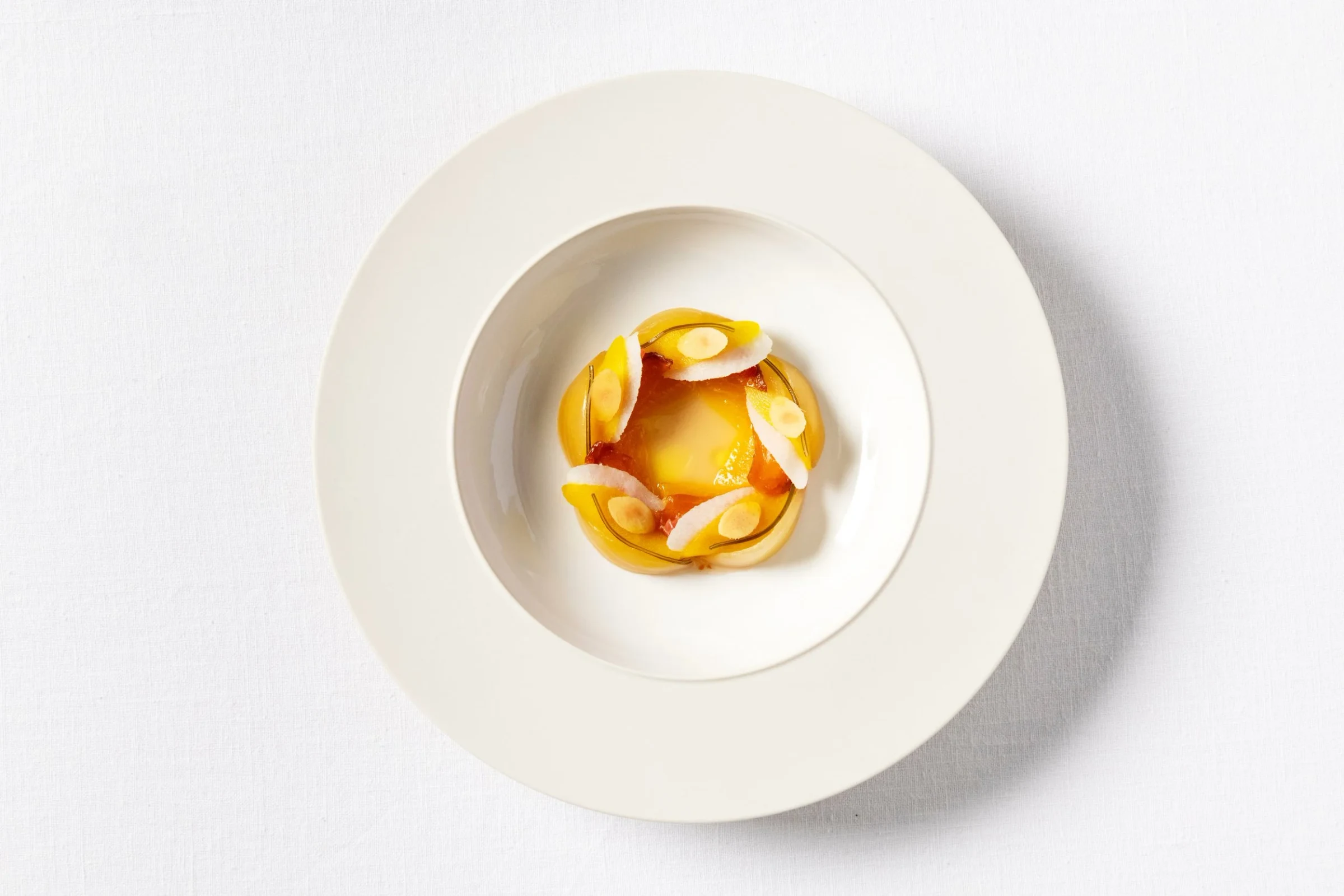 A white plate with concentric rings containing a golden spherical dessert or savory element topped with sliced almonds and apple slices, photographed from above against a white background.