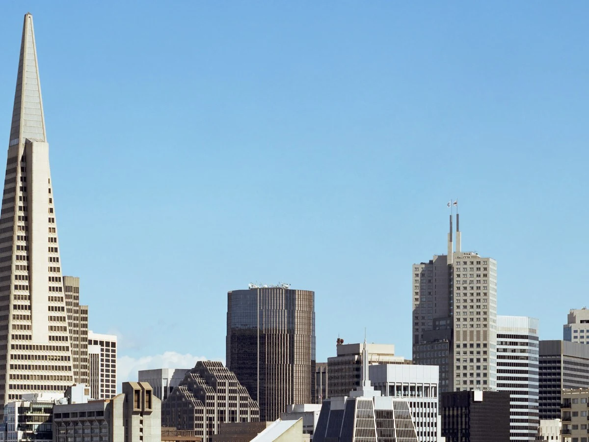 The Transamerica Pyramid stands tall among the San Francisco Financial District skyline.