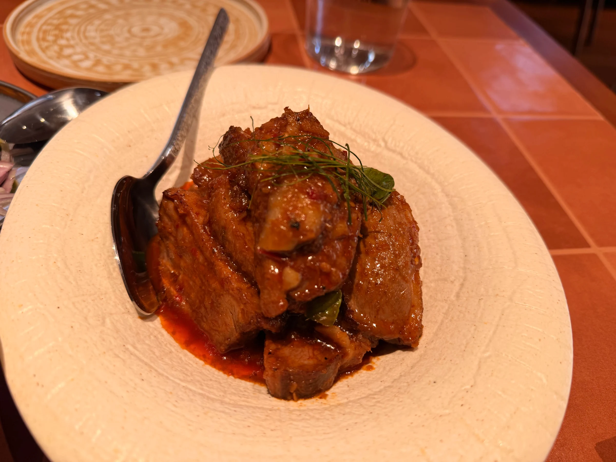 A plated duck curry dish with glossy sauce and herb garnish on a cream-colored plate, matching the source page's explicit attestation as an interior s