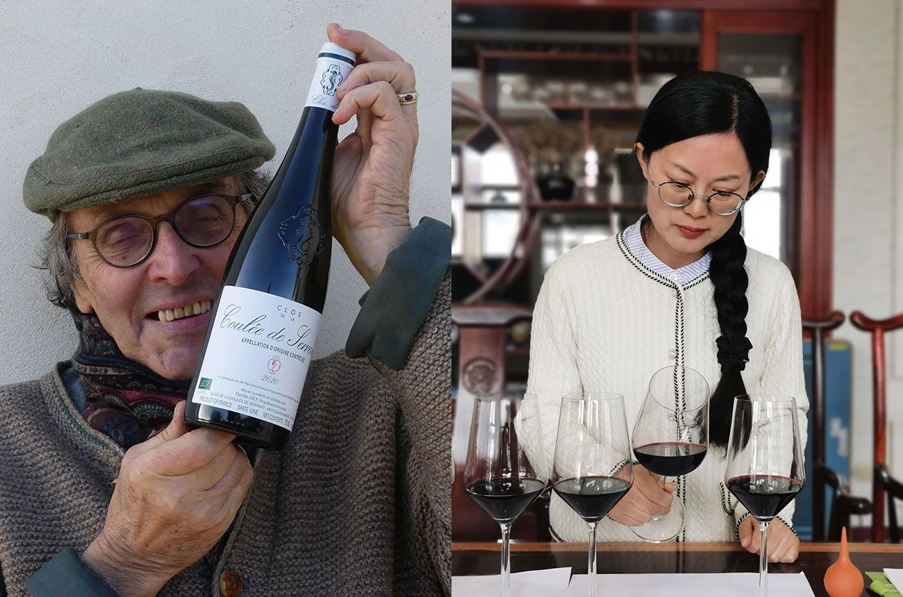 Split image showing an older person in a green cap holding a wine bottle (left) and a younger person examining wine glasses at a tasting (right); sour