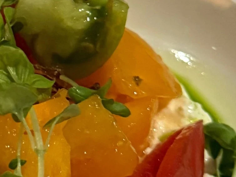 Close-up of a plated dish with colorful sliced bell peppers, fresh green microgreens, and a white creamy element on a white plate.