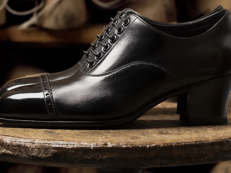 A highly polished black leather John Lobb Oxford shoe with a cap toe and Cuban heel, resting on a worn wooden last stand.