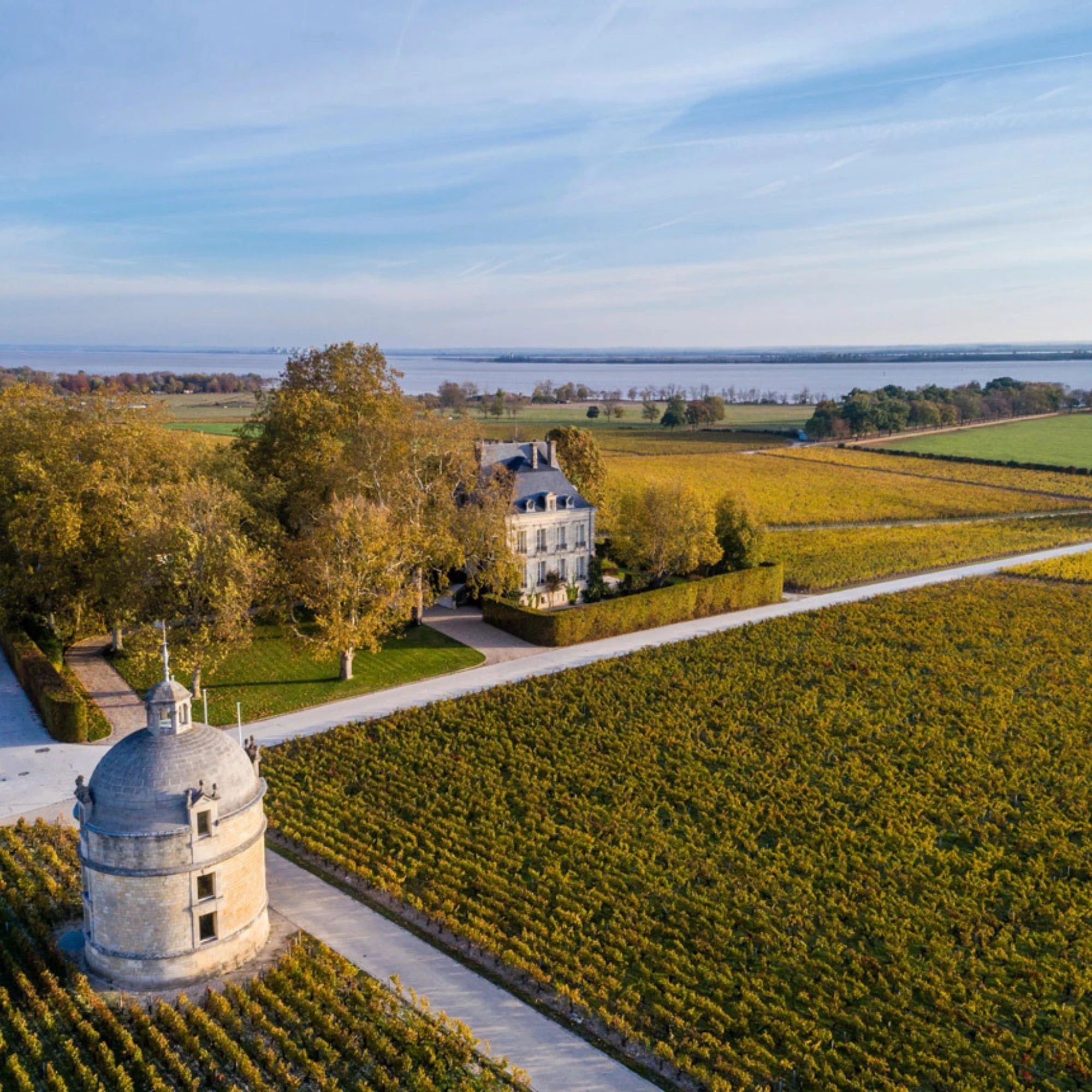 Aerial view of a white stone mansion with mansard roof nestled among terraced vineyards, with a round tower structure in the foreground and a large lake visible in the distance.