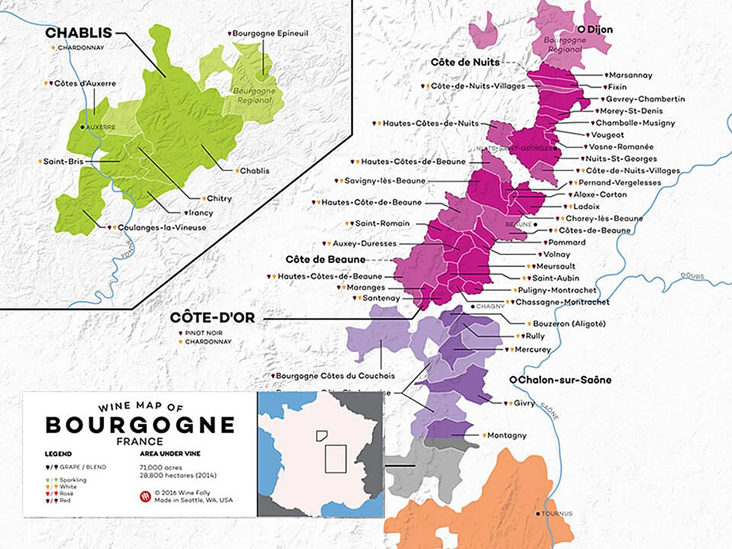 Burgundy's wine appellations, from the Côte de Nuits and Côte de Beaune to the Côte Chalonnaise.