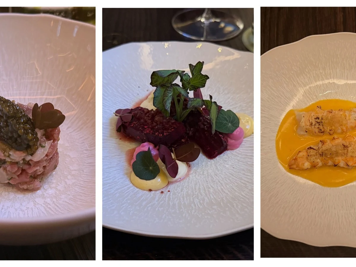 A triptych of three elegantly plated fine-dining courses on white textured plates: fish tartare with caviar, roasted beetroot, and langoustine tails.