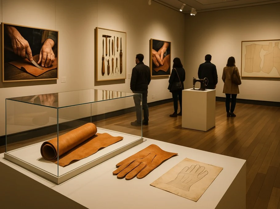 An exhibition with leatherworking tools, patterns, and finished leather goods on display, with visitors observing the exhibits.