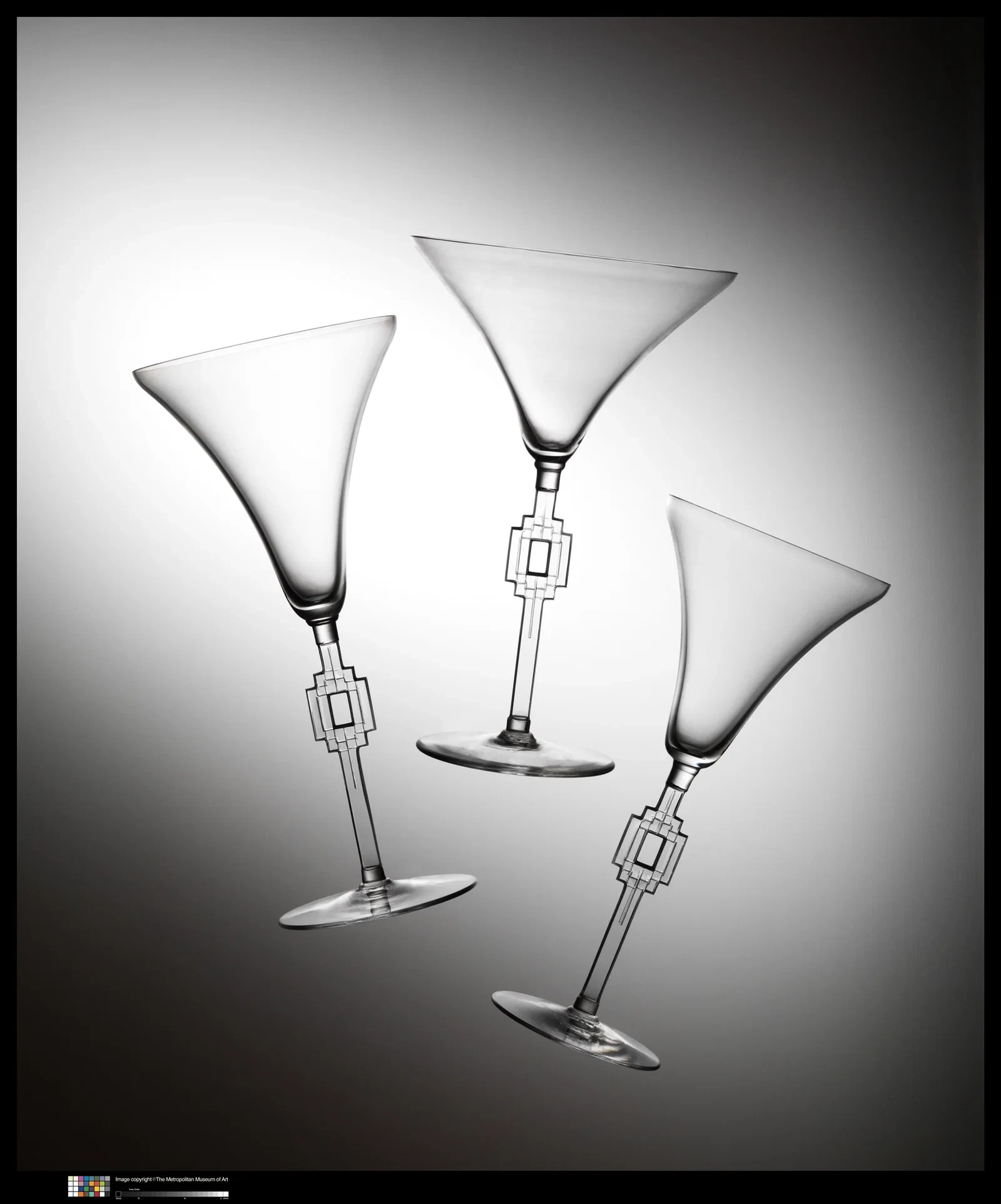 Three historical René Lalique Hagueneau Burgundy wine glasses with geometric stems
