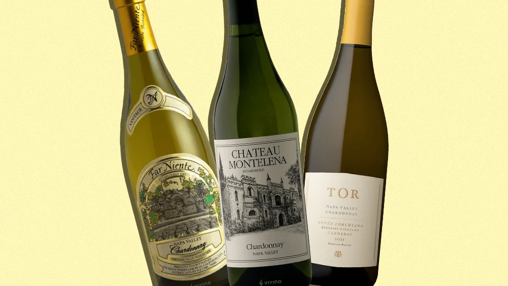 Three Napa Valley Chardonnay bottles on a neutral background; the center bottle is clearly labeled 'Chateau Montelena Chardonnay Napa Valley,' matchin