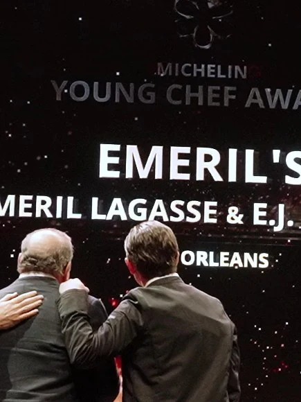 E.J. Lagasse accepts the Michelin Young Chef Award, celebrating his distinct culinary path.