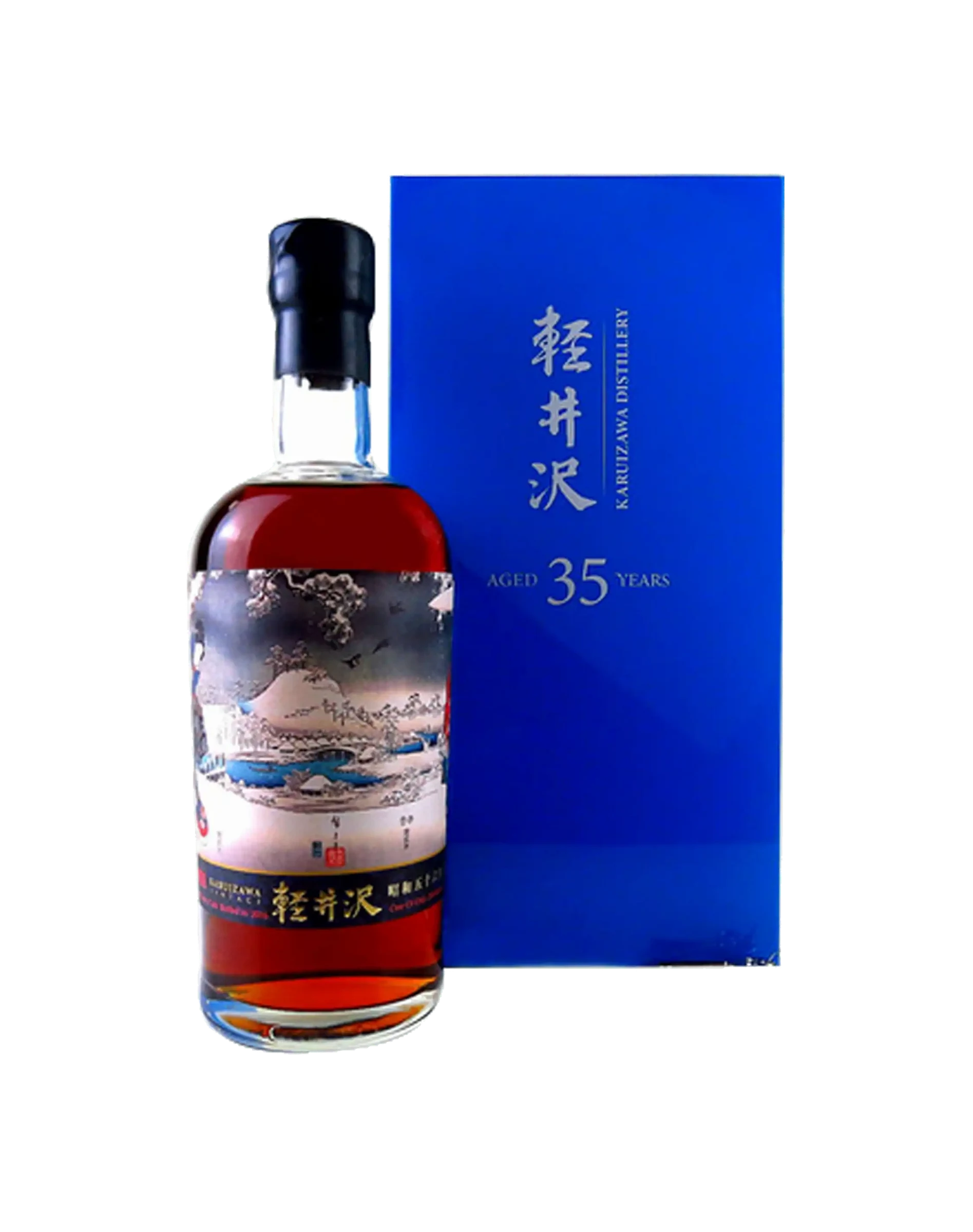 Karuizawa 1981, a 35-year-old Japanese whisky, with its distinctive snow scene label and blue presentation box.