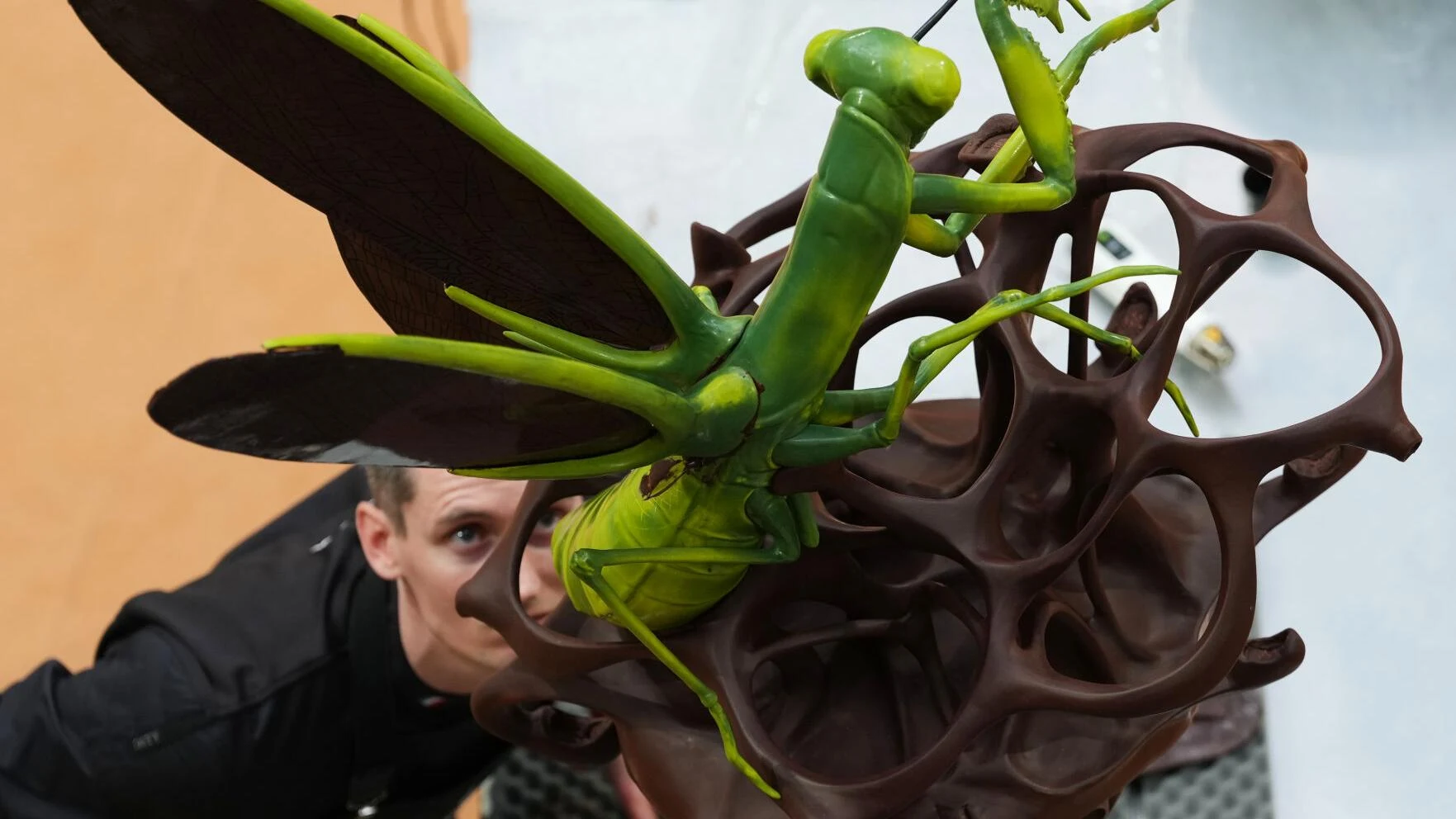 A competitor at the World Chocolate Masters competition holds an elaborate chocolate sculpture depicting a praying mantis with brown organic forms and