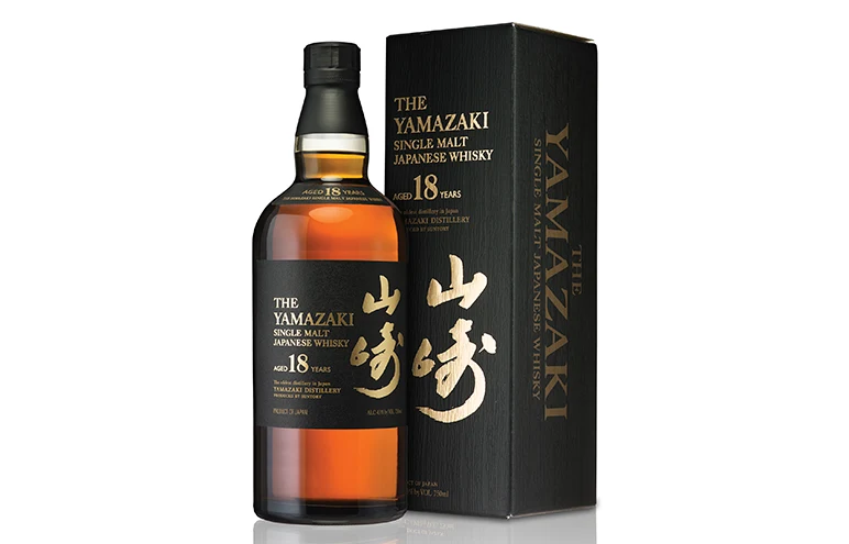 Yamazaki 18-Year-Old Single Malt Japanese whisky with its black presentation box.