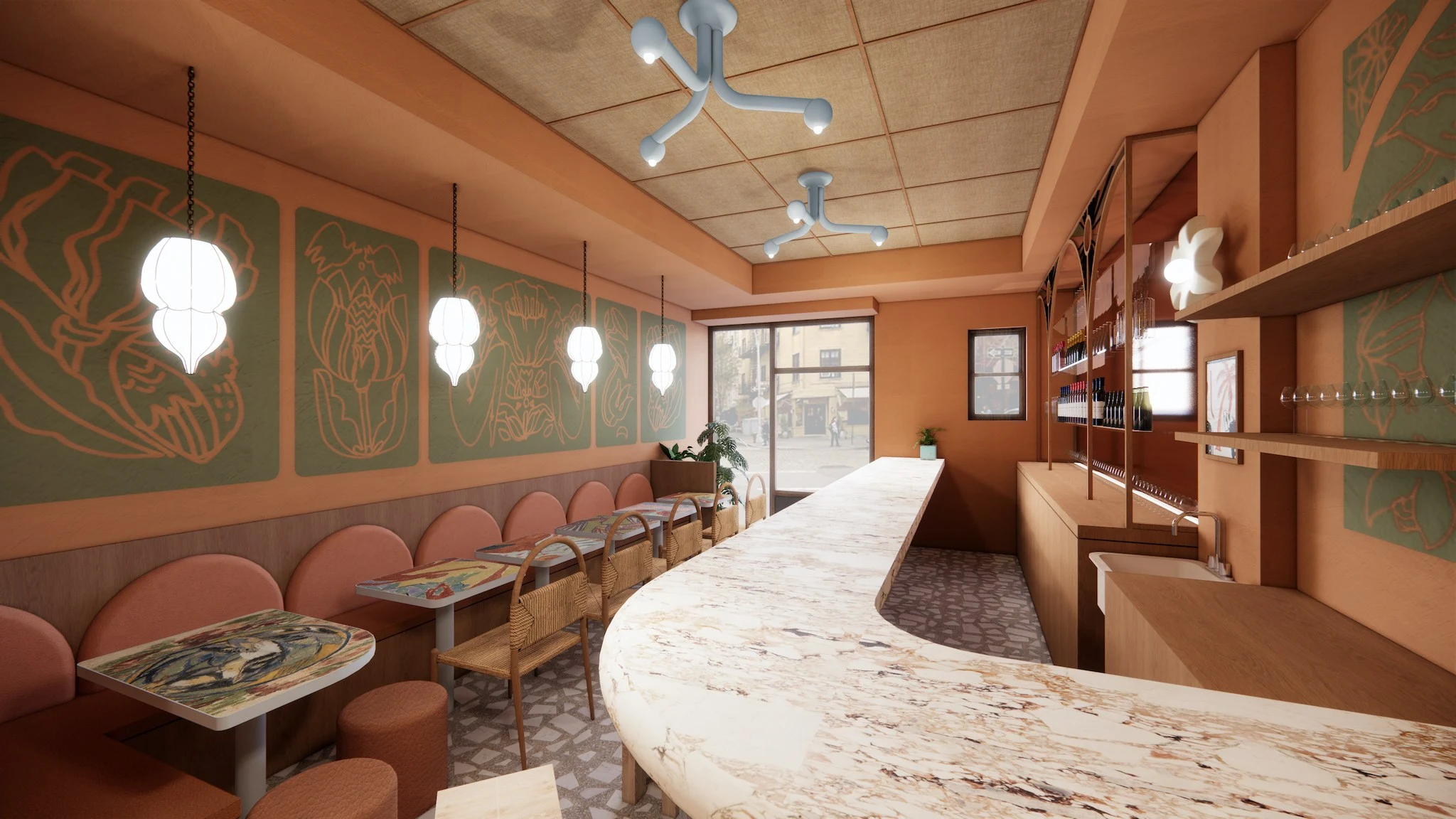 A rendering of a wine bar dining room with green and pink floral wall prints, marble bar, banquette seating, and pendant lighting; the source page (Ea