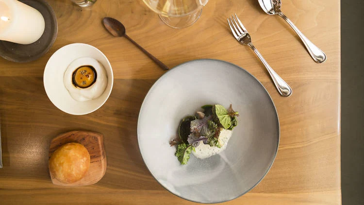An overhead photograph of a plated fine-dining dish on a gray ceramic plate with what appears to be vegetables, greens, and a white sauce or cream ele