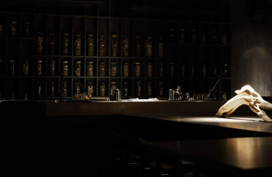 Bar Us in Bangkok, a Spirited Awards honoree, features a unique display of bottled specimens behind its polished counter.