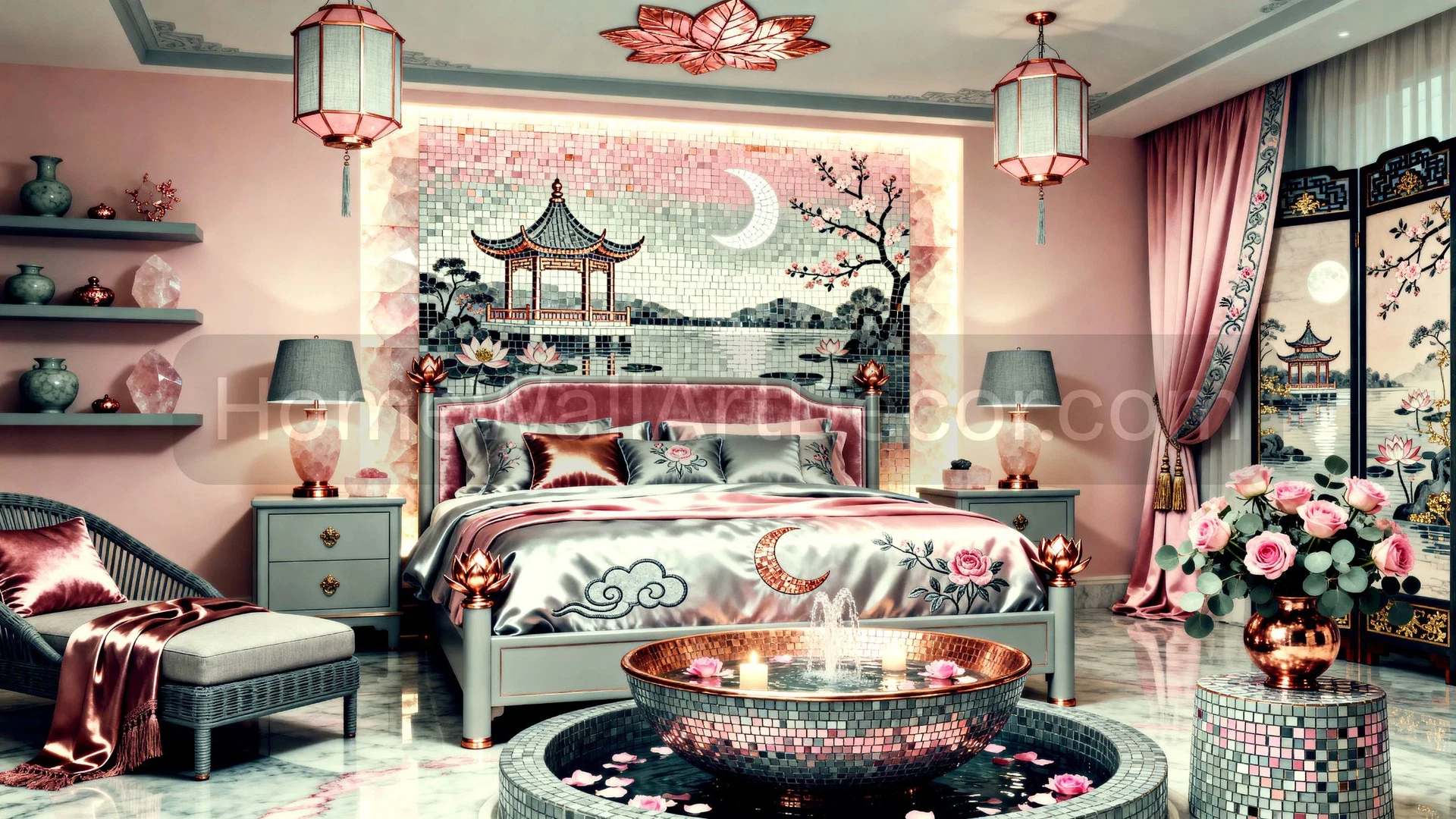Elegant bedroom with floral decor, mosaic wall art, and a decorative fountain.