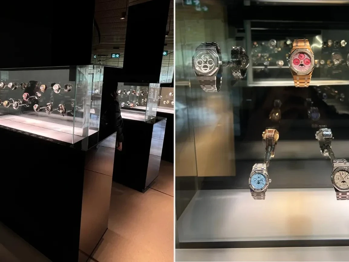 Musée Atelier Audemars Piguet showcases luxury wristwatches, including Royal Oak models, in illuminated glass vitrines.