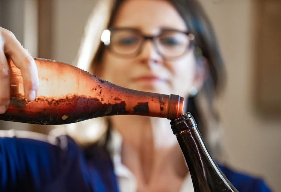 Decanting an aged bottle by hand, sediment intact, from the Emidio Pepe estate's own documentation of its method.