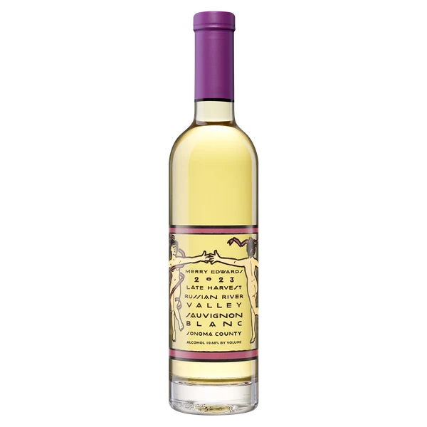 A bottle of Merry Edwards Late Harvest Russian River Valley Sauvignon Blanc from Sonoma County on a neutral background