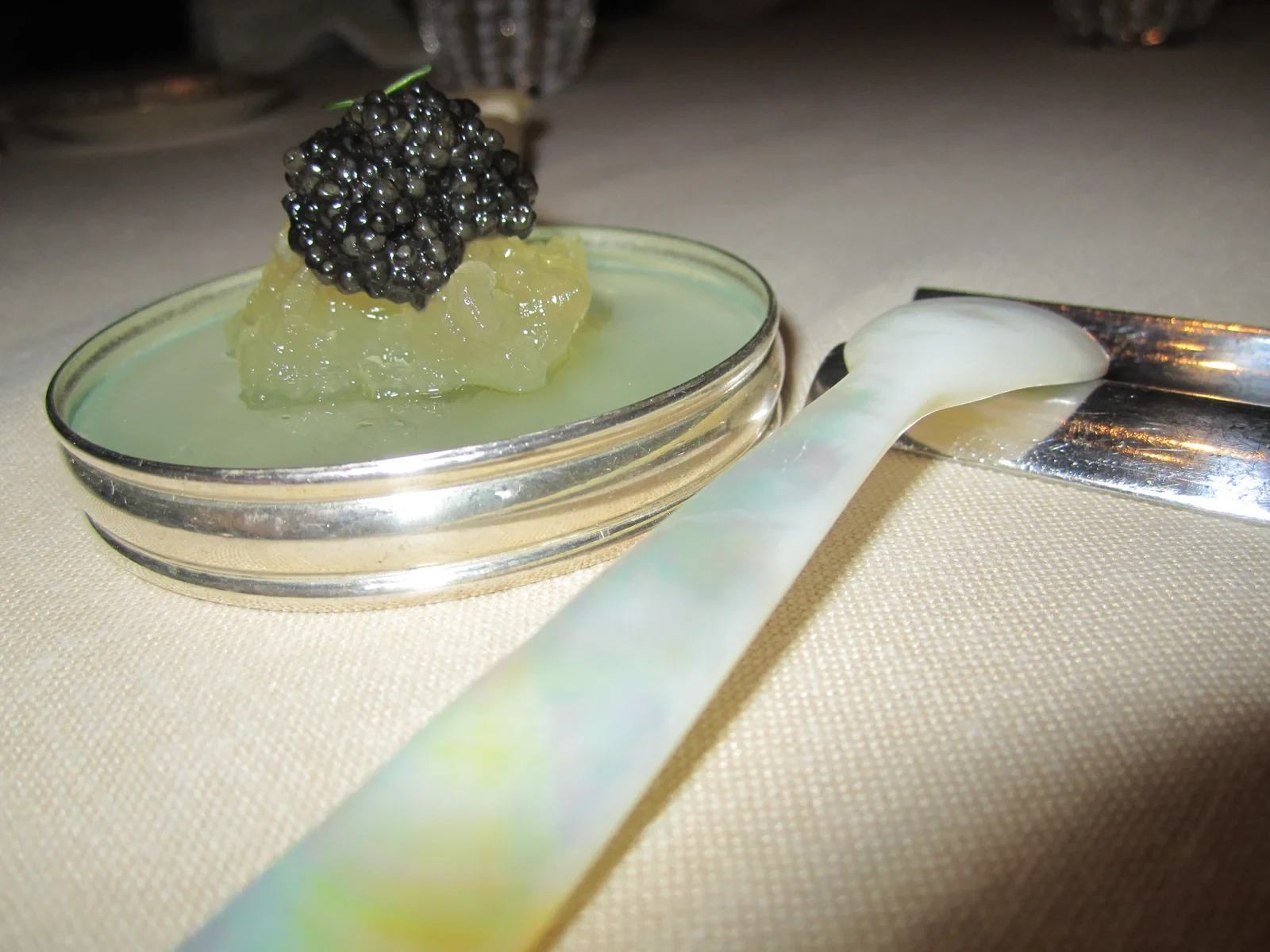 Caviar de Riofrío served over puchero jelly and sour cream at Hotel Puente Romano
