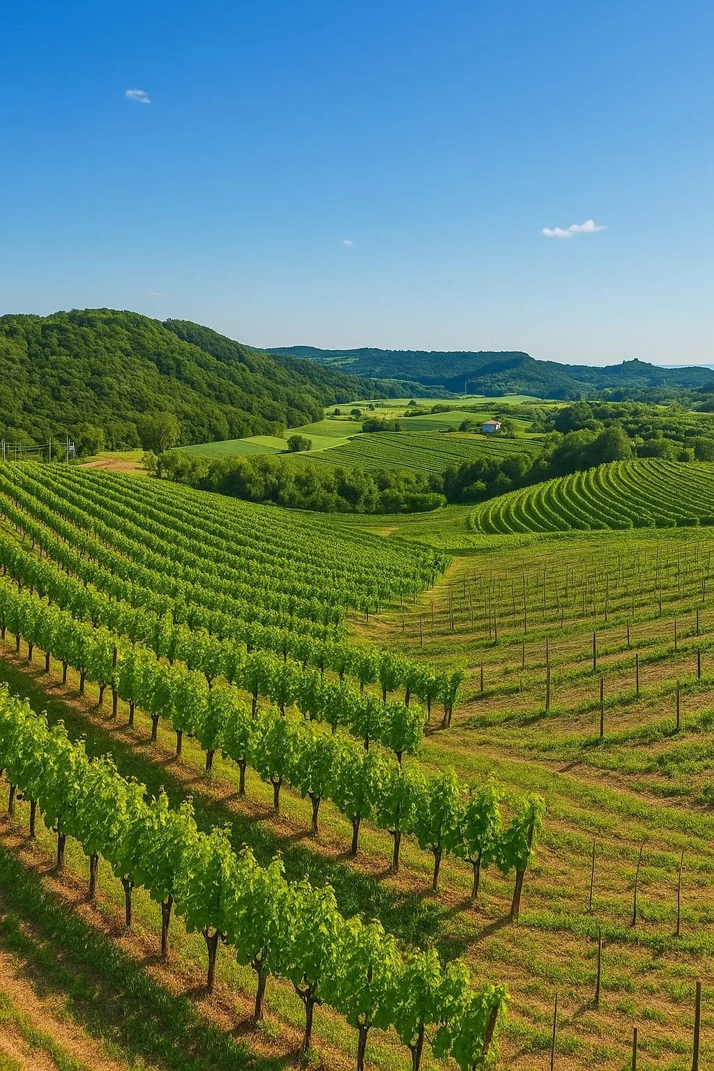 Aerial view of organized vineyard rows on hillsides with green grapevines, forested mountains in the background, and a small farmhouse in the valley below.
