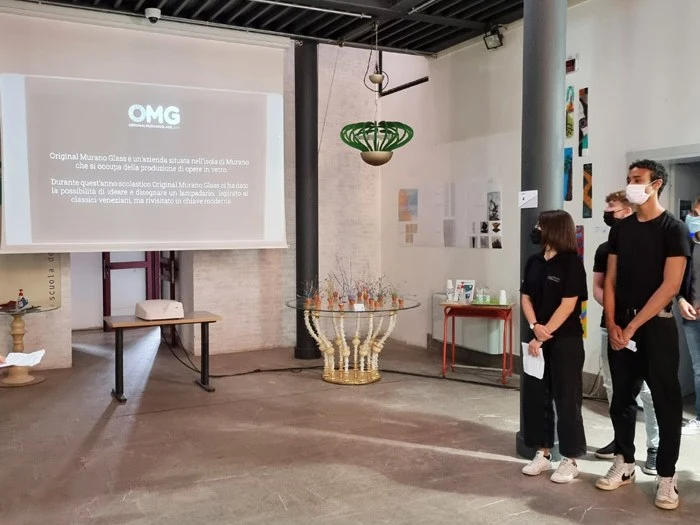 Abate Zanetti glass school interior: students present a murano glass workshop project.