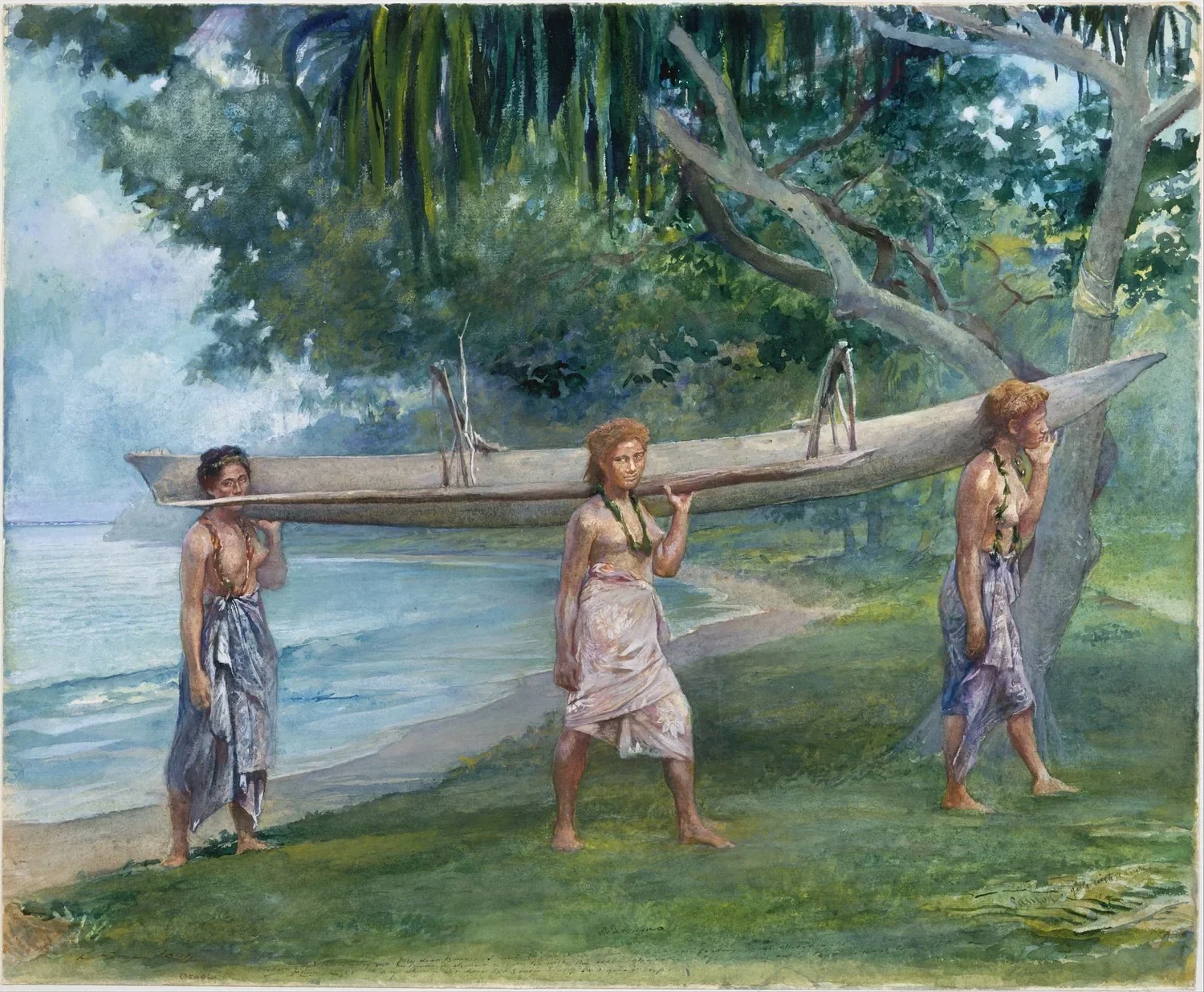 Vaiala village, Upolu, Samoa — the origin of Aunty Tommy's Koko Samoa roastery story, West Auckland NZ. John La Farge, Girls Carrying a Canoe, Vaiala in Samoa, 1891. Watercolor, gouache, and graphite on off-white wove paper, 17 15/16 x 21 7/8 in. (45.6 x 55.6 cm)